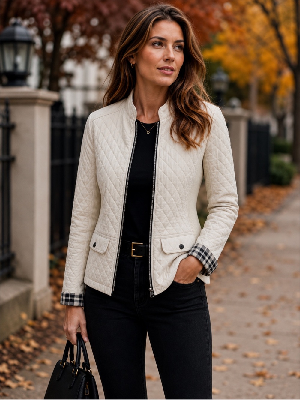Renuar Cream Quilted Utility Jacket with Plaid Cuffs